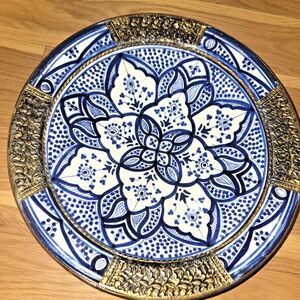 Vintage Moroccan - Moorish Art  Hand Painted  Clay Bowl/Dish  w/ Brass Inlay 16"